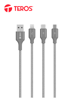 CABLE USB TEROS TE-70210W, TIPO A - TIPO C/LIGHTNING/MICRO USB, 3.5A, 17.5W MAX, GRIS