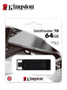 MEMORIA FLASH USB KINGSTON DATATRAVELER 70, 64GB,USB-C 3.2 GEN1, PRESENTACIÓN EN COLG
